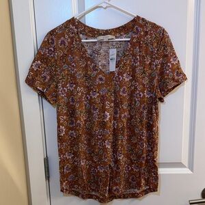 LOFT Brown Floral V-Neck Short Sleeve Top Size Medium